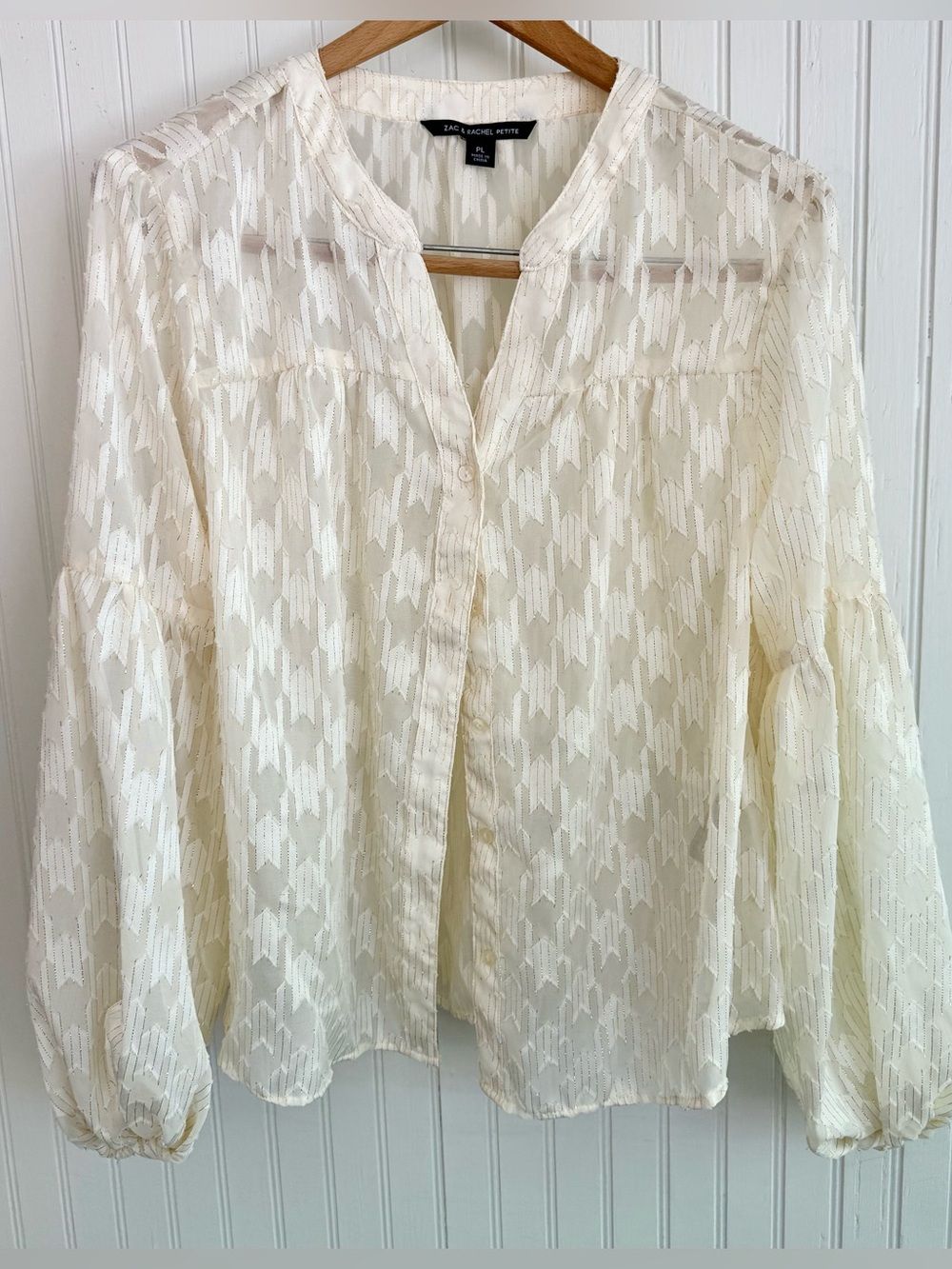 Zac & Rachel Ivory Sheer Metallic Textured Button-Front Feminine Blouse PL